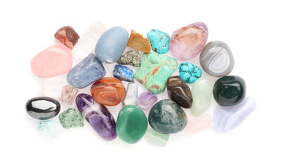 Pile of different natural mineral stones isolated on white, top view