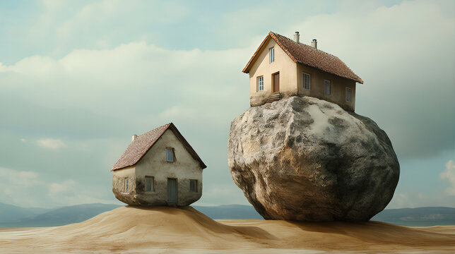 Parable of the Wise and Foolish Builders from the Gospel of Matthew. Moral story of the parable of the wise man who built his house on the rock and the foolish man who built his house on sand 