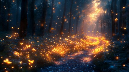 Fireflies Enhancing the Charm of Magical Forest Path in Stunning Photo