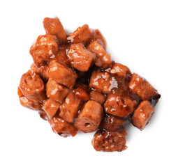 Pieces of wet pet food isolated on white, top view