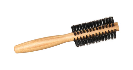 Hairdresser tool. Round wooden brush isolated on white