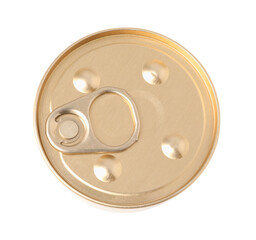 Pet food in tin can isolated on white, top view