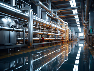 Fototapeta premium Inside a Refinery: Pipes, Machinery, and Storage Tanks in a High-Tech Industrial Hub