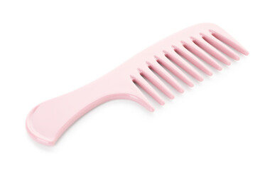 One pink plastic comb isolated on white