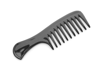 One black plastic comb isolated on white, top view