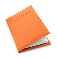 Passport in orange cover isolated on white