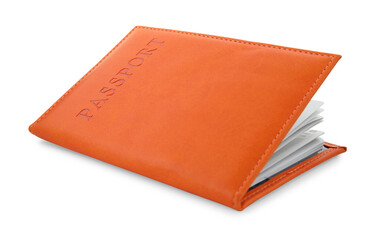 Passport in orange cover isolated on white