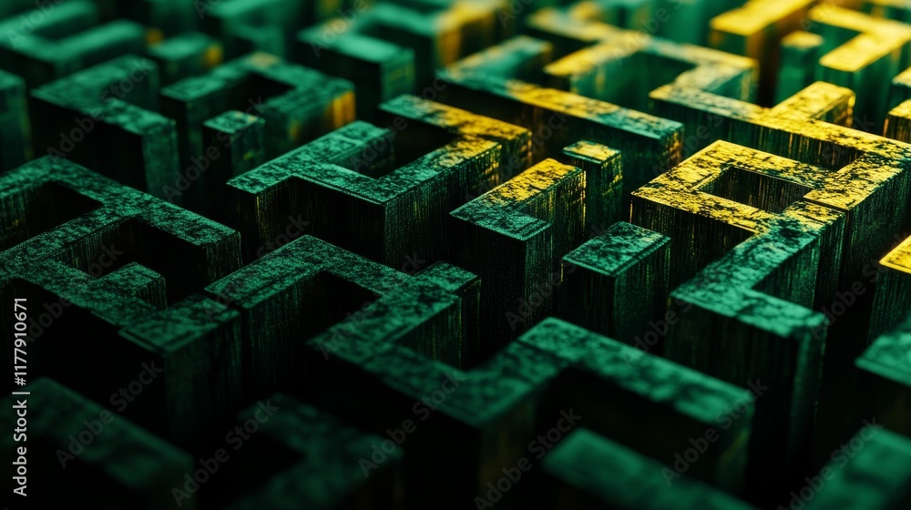 Poster a 3d maze structure with intricate patterns and textures in green and yellow lighting.