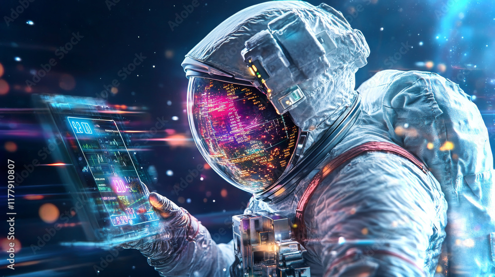 Poster astronaut interacts with a digital interface while stepping onto a body in space