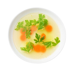 Tasty chicken bouillon in bowl isolated on white, top view