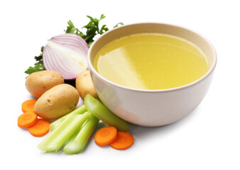 Tasty chicken bouillon in bowl and ingredients isolated on white