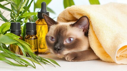 Cat spa care concept. A cat wrapped in a towel with essential oil bottles and plants nearby.