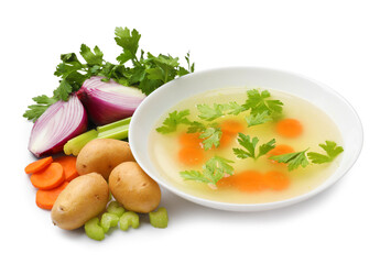 Tasty chicken bouillon in bowl and ingredients isolated on white