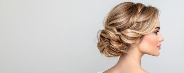 Elegant updo hair styling tutorial modern studio photography bright setting side view beauty concepts