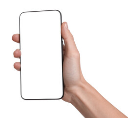 Woman with modern smartphone on white background, closeup