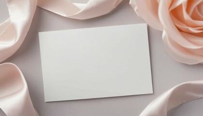 Overhead view of empty white card on smooth satin texture with dreamy blur