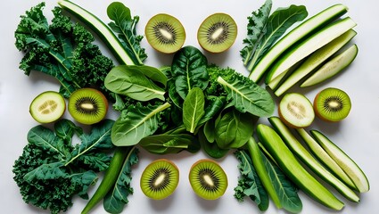 Fresh green vegetables and fruits arranged neatly on a clean white background with empty space for branding. Vibrant green leafy vegetables like kale and spinach, paired with sliced cucumbers and kiwi