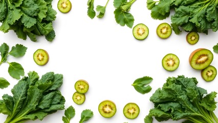 Fresh green vegetables and fruits arranged neatly on a clean white background with empty space for branding. Vibrant green leafy vegetables like kale and spinach, paired with sliced cucumbers and kiwi