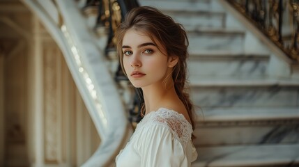 Fototapeta premium Young Woman in Elegant White Dress Near Marble Staircase