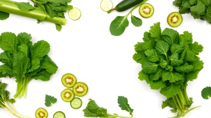 Fresh green vegetables and fruits arranged neatly on a clean white background with empty space for branding. Vibrant green leafy vegetables like kale and spinach, paired with sliced cucumbers and kiwi