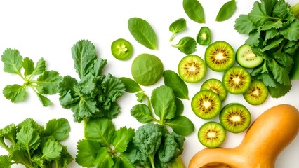 Fresh green vegetables and fruits arranged neatly on a clean white background with empty space for branding. Vibrant green leafy vegetables like kale and spinach, paired with sliced cucumbers and kiwi