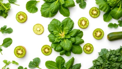 Fresh green vegetables and fruits arranged neatly on a clean white background with empty space for branding. Vibrant green leafy vegetables like kale and spinach, paired with sliced cucumbers and kiwi