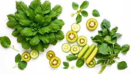 Fresh green vegetables and fruits arranged neatly on a clean white background with empty space for branding. Vibrant green leafy vegetables like kale and spinach, paired with sliced cucumbers and kiwi