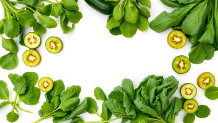 Fresh green vegetables and fruits arranged neatly on a clean white background with empty space for branding. Vibrant green leafy vegetables like kale and spinach, paired with sliced cucumbers and kiwi