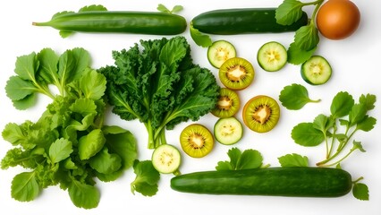 Fresh green vegetables and fruits arranged neatly on a clean white background with empty space for branding. Vibrant green leafy vegetables like kale and spinach, paired with sliced cucumbers and kiwi