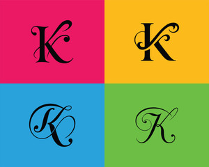 Kreative K Monogram Logo Design. Elegant Letter K Designs Using Serif Script on Multicolored Backgrounds.