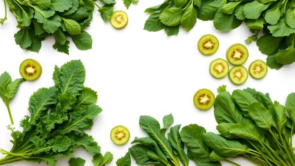 Fresh green vegetables and fruits arranged neatly on a clean white background with empty space for branding. Vibrant green leafy vegetables like kale and spinach, paired with sliced cucumbers and kiwi