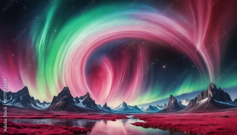 Wall mural surreal celestial scene with bright ruby streaks and swirling pastel aurora patterns