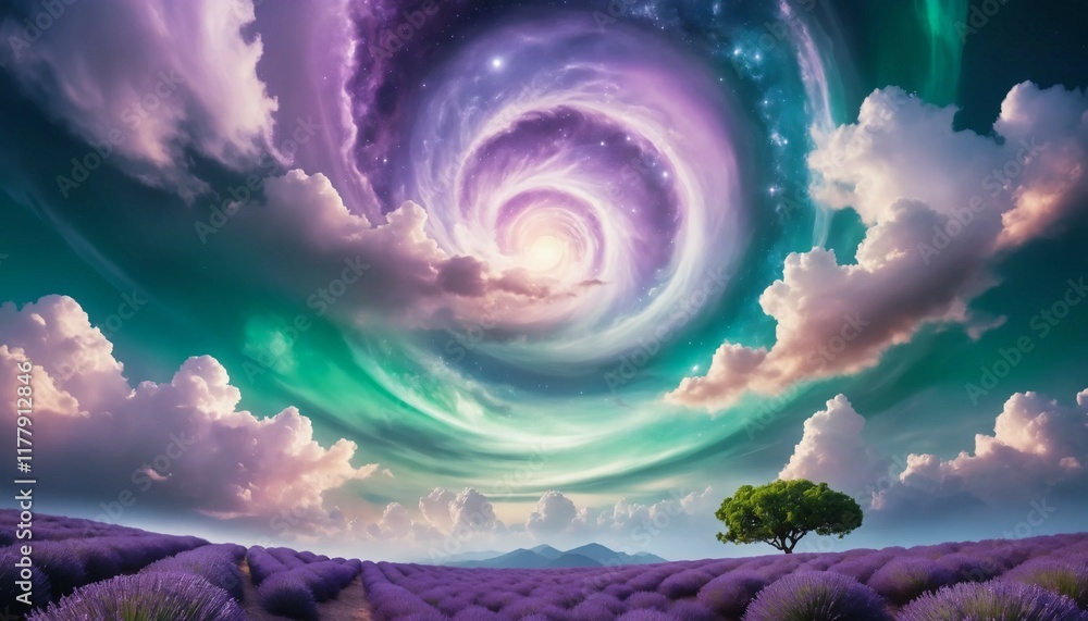 Wall mural Surreal celestial setting with luminous jade and lavender patterns in swirling clouds