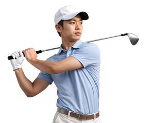 Professional asian men posing with a golf club over her shoulder