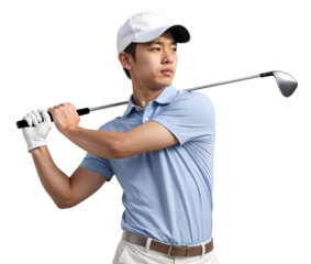 Professional asian men posing with a golf club over her shoulder