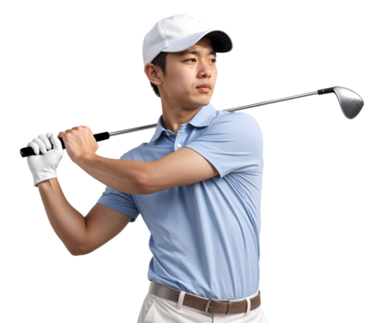 Professional asian men posing with a golf club over her shoulder