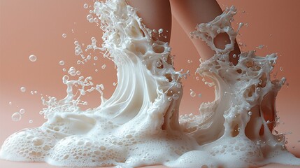 Fototapeta premium Female feet stepping into a wave of milk foam.