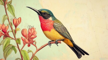 Crimson-breasted Honeyeater on Blossom Branch: A Detailed Botanical Illustration