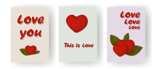 A set of romantic cards featuring bright red hearts and text designs Love You and This is Love. Perfect for celebrating Valentine's Day, weddings, or romantic dates