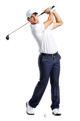 Professional adult golfer posing mid-swing too hit a golf ball