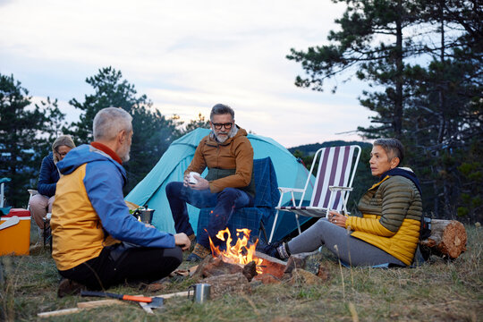 Friends gathered by the campfire