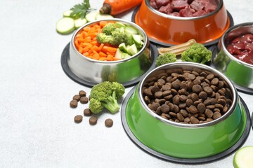 Dry pet food and natural products on light table, closeup