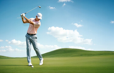 Male golfer mid-swing to hit a golf ball, bright outdoor background