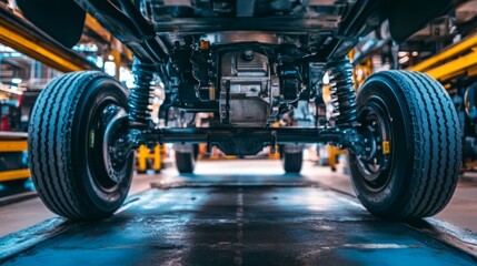 Factory Vehicle Chassis Undercarriage in Manufacturing Facility