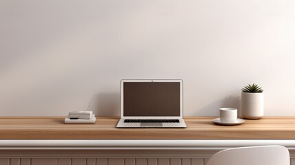 Modern home office with greenery, laptop, coffee, and comfortable chair.
