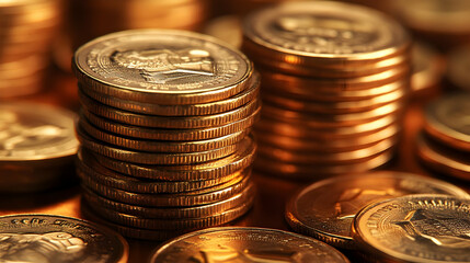 Gold coins stacked, close-up, wealth, finance, background blurred, for financial articles