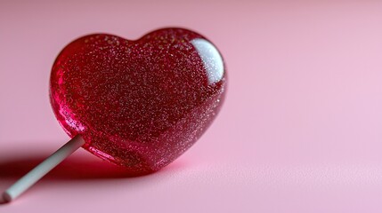 Fototapeta premium Glittery heart lollipop on pink background with copy space.