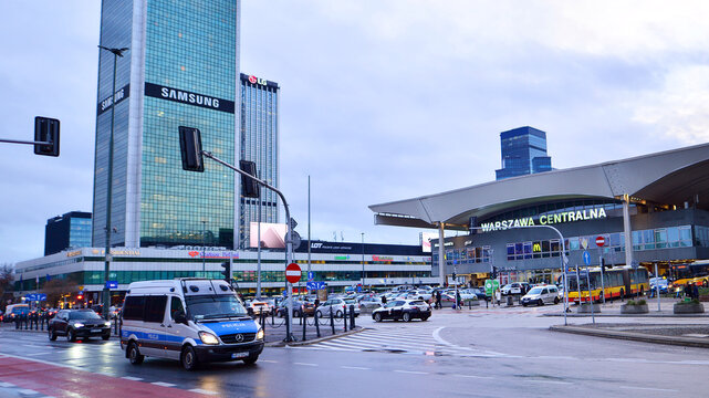 Warsaw, Poland. 3 January 2025. View of the Warszawa Centralna railway station building. Central Railway Station in Warsaw at Emilii Plater street. 
