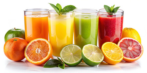 A vibrant display of four glasses filled with various fruit juices, surrounded by an array of fresh citrus fruits. The colors range from orange to green and red, highlighting freshness