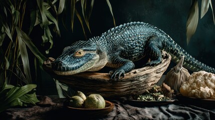 Mystical Alligator Still Life: A Dark, Dreamlike Portrait of a Reptile Amidst Lush Tropical Foliage and Mysterious Still Life Elements